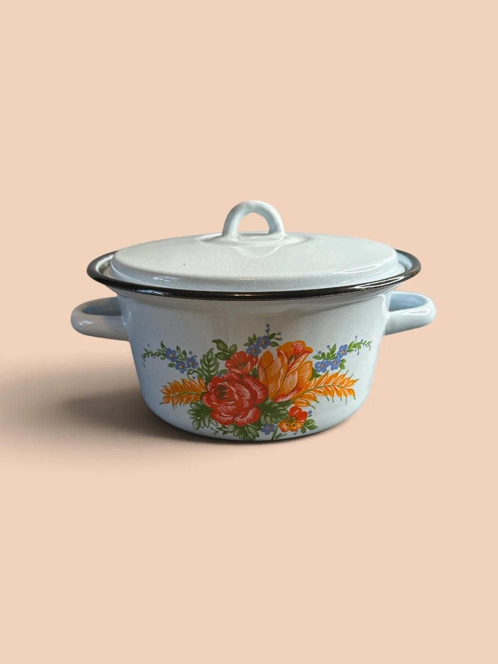 Vintage light blue enamel pot with lid roses print